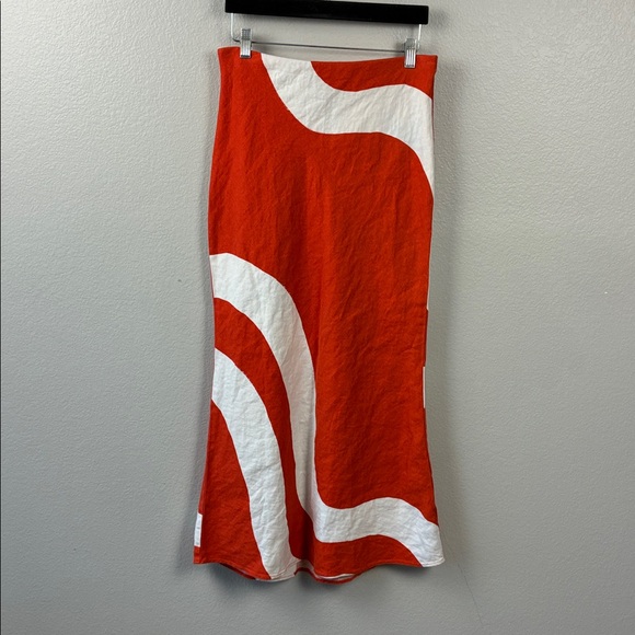Anthropologie Tilda Linen Maxi Slip Skirt Orange/White Abstract Stretch Waist M - Picture 2 of 8